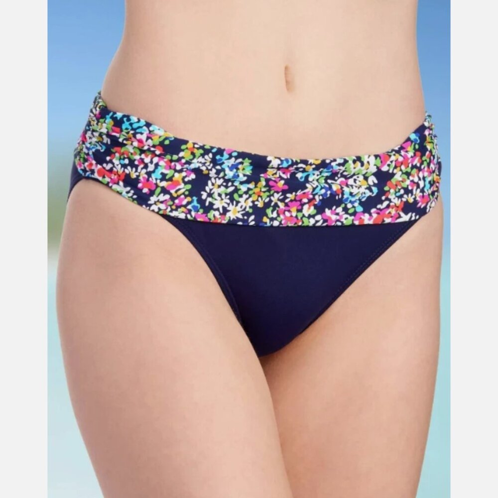 Anne Cole Navy Blue Floral Trim Fold Over Bikini Bottom XL
